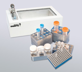 Zellaufschluss-Mühle SPEX 2010 Geno/Grinder® – Kryo-Adapter aus Aluminium für die Aufnahme unterschiedlich großer Einzel-Tubes mit Kryo-Station zum Vorkühlen der fertig bestückten Adapter in flüssigem Stickstoff