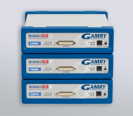 Gamry Interface 1010 3-Kanalpotentiostat zur Klirrfaktoranalyse bzw. Total Harmonic Distortion (THD), galvanostatische Frequenzmodulation an Brennstoffzellen (galv. EFM), Physikalische Elektrochemie (PHE) und Elektrochemische Impedanzspektroskopie (EIS) incl. schwebende Masse (galv. Trennung von der Schutzerdung)